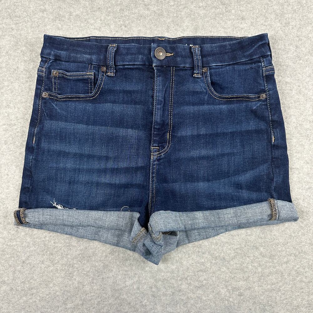 American Eagle Denim Short SZ M Deep Indigo Curvy Hi-Rise Shortie Stretch Cuffed